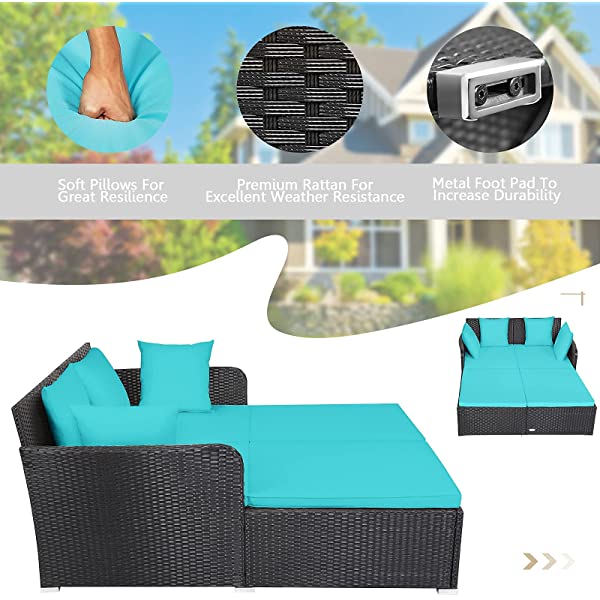 Salches Outdoor Rattan Daybed, Patio Loveseat Sofa Set w/Comfortable Cushions, Extra Pillows & Metal Foot, Sunbed Wicker Furniture for Yard/Poolside/Living Room/Garden/Porch (Red)