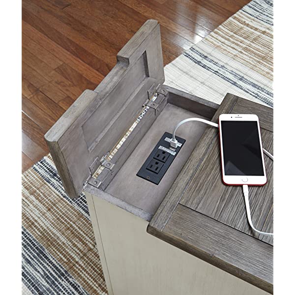 Signature Design by Ashley Tyler Creek Rustic Chair Side End Table with Pull-Out Tray & USB Ports, Brown Blackish Brown Table