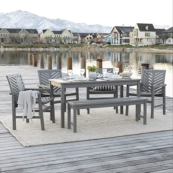 Walker Edison 5 Person Outdoor Wood Chevron Patio Furniture Dining Set Table Chairs Bench All Weather Backyard Conversation Garden Poolside Balcony, 4 Piece, Brown Brown 4 Piece Dining Set