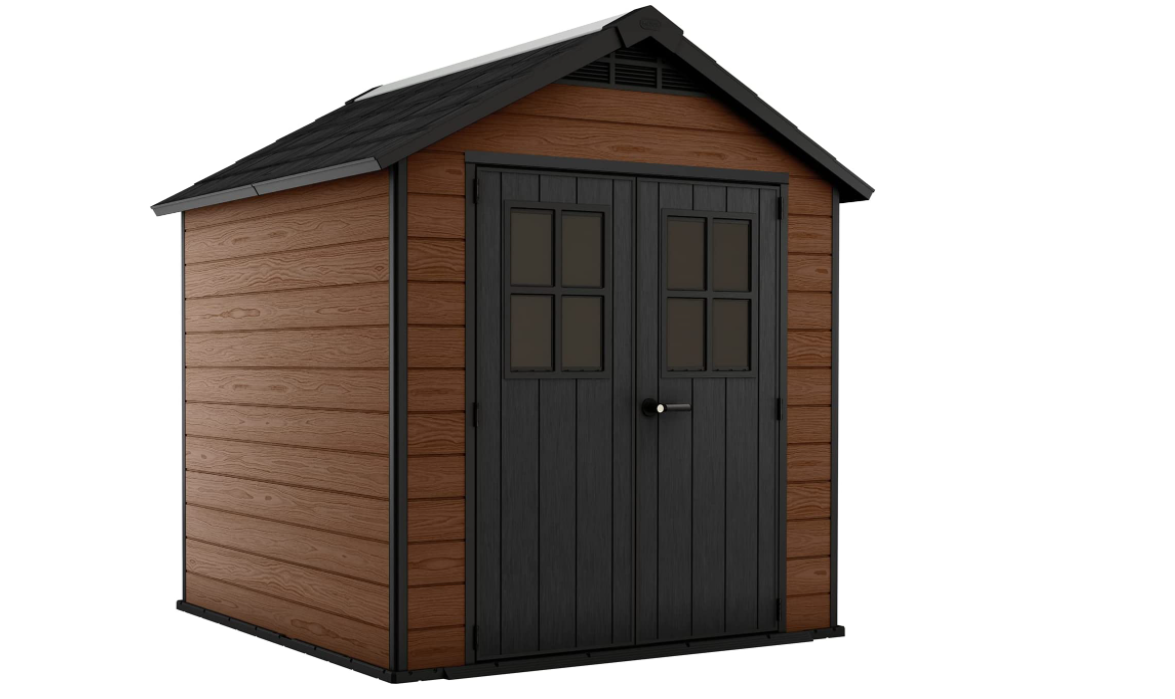 KETER Newton 7.5x7 Large Resin Outdoor Storage Shed Kit – Perfect to Store Patio Furniture, Garden Tools, Bike Accessories, and Lawn Mower, Mahogany Brown