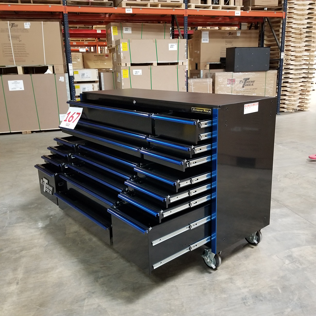used toolboxShowroom Demo, Extreme Tools RX Series 72 19 Drawers 25 Deep Roller Cabinet, Black-Blue, 150 lbs. Slides