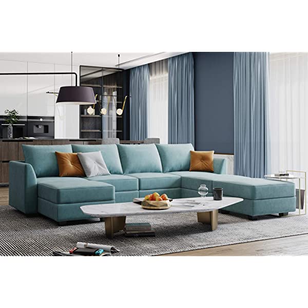 HONBAY Convertible Sectional Sofa U Shaped Couch with Reversible Chaise Modular Oversized Couch Sectional Sofa with Ottomans, Aqua Blue U Shape Sofa-1 Blue