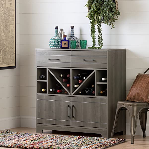South Shore Vietti Bar Cabinet with Liquor and Wine Bottle Storage with Drawers, Black Oak with Metal Handles