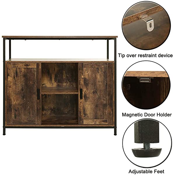 USIKEY Industrial Floor Storage Cabinet with 2 Doors, Kitchen Free Standing Cabinet with Adjustable Shelves, Feet, Storage Sideboard, Accent Cabinet, for Living Room Entry Bedroom, Rustic Brown
