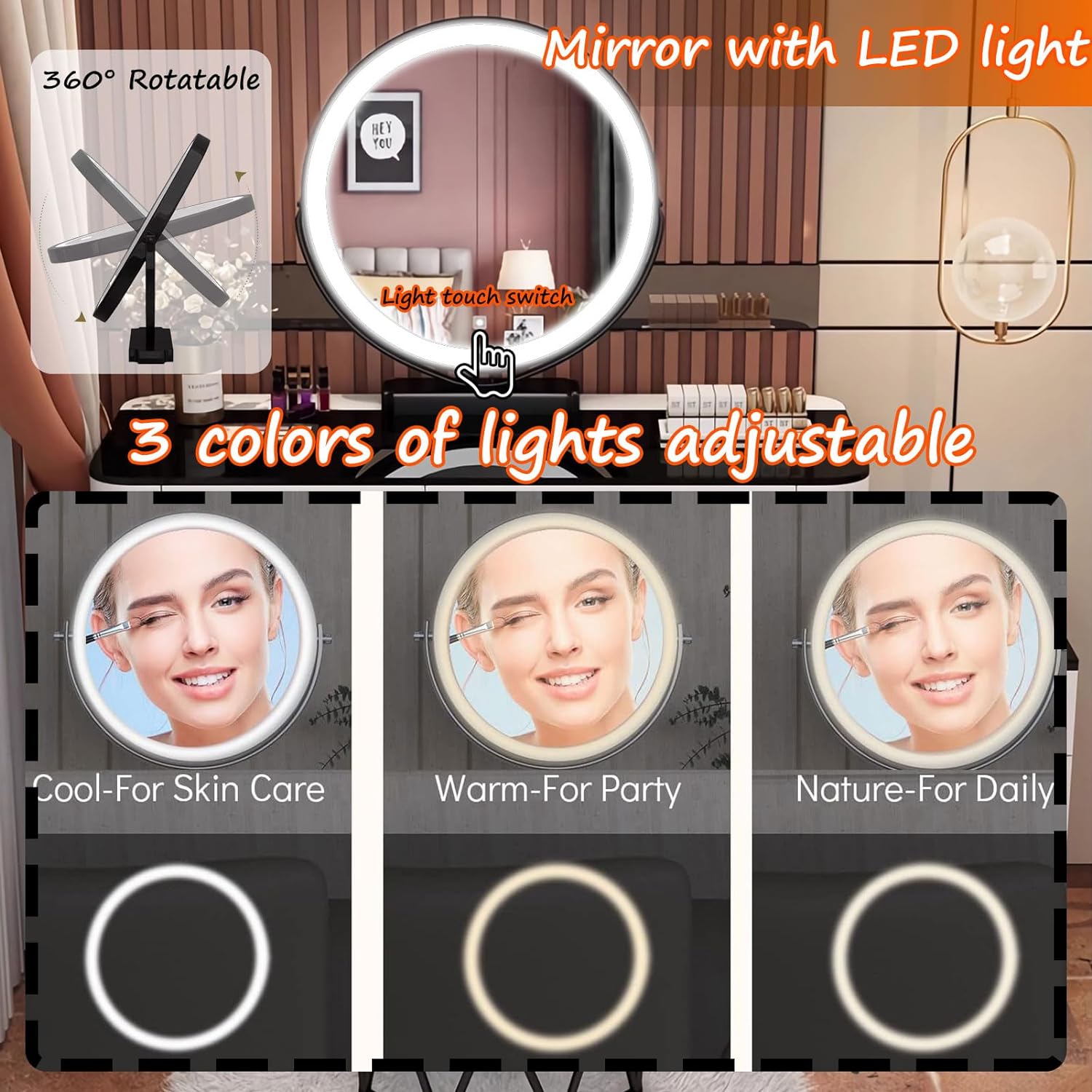 GOOCOO Dressing Table - Makeup Vanity Desk with Wireless Charging Station and Bluetooth Speaker - Vanity Set Contains Makeup Mirror, 5 Drawers and Makeup Stool for Bedroom