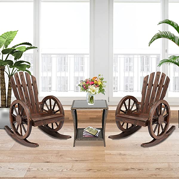 Kinsunny Rustic Wood Wagon Rocking Chair Outdoor Patio Lounge Rocker Set with Wheel Armrest for Garden, Country, Yard 1pc