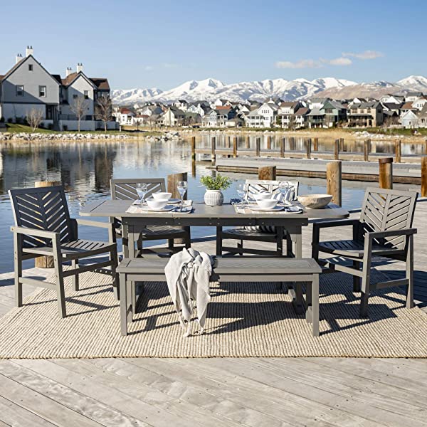 Walker Edison 5 Person Outdoor Wood Chevron Patio Furniture Dining Set Table Chairs Bench All Weather Backyard Conversation Garden Poolside Balcony, 4 Piece, Brown Brown 4 Piece Dining Set