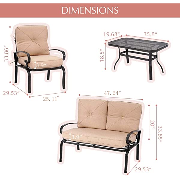 Oakmont Outdoor Furniture Patio Conversation Set Loveseat, 2 Chairs, Coffee Table with Cushion, Lawn Front Porch Garden, Metal Chair Set Wrought Iron Look (Red)