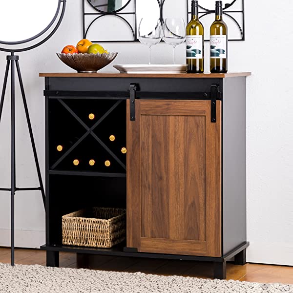 Glitzhome Wood Rustic Wine Cabinet 2-Sections Bar Cabinet with Wine Storage 31.5”L Sideboard Table with Drawers Wood Sideboard with Wine Display for Kitchen Dining Room 2 piece