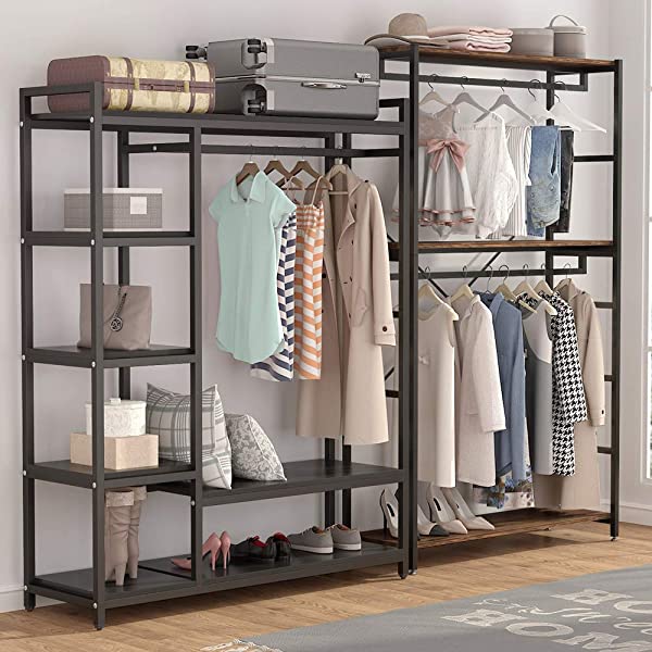 LITTLE TREE Free-Standing Closet Organizer, Heavy Duty Clothes Closet, Portable Garment Rack with 6 Shelves and Hanging Rod, Black Metal Frame&Rustic Board Finish Vingte &Black